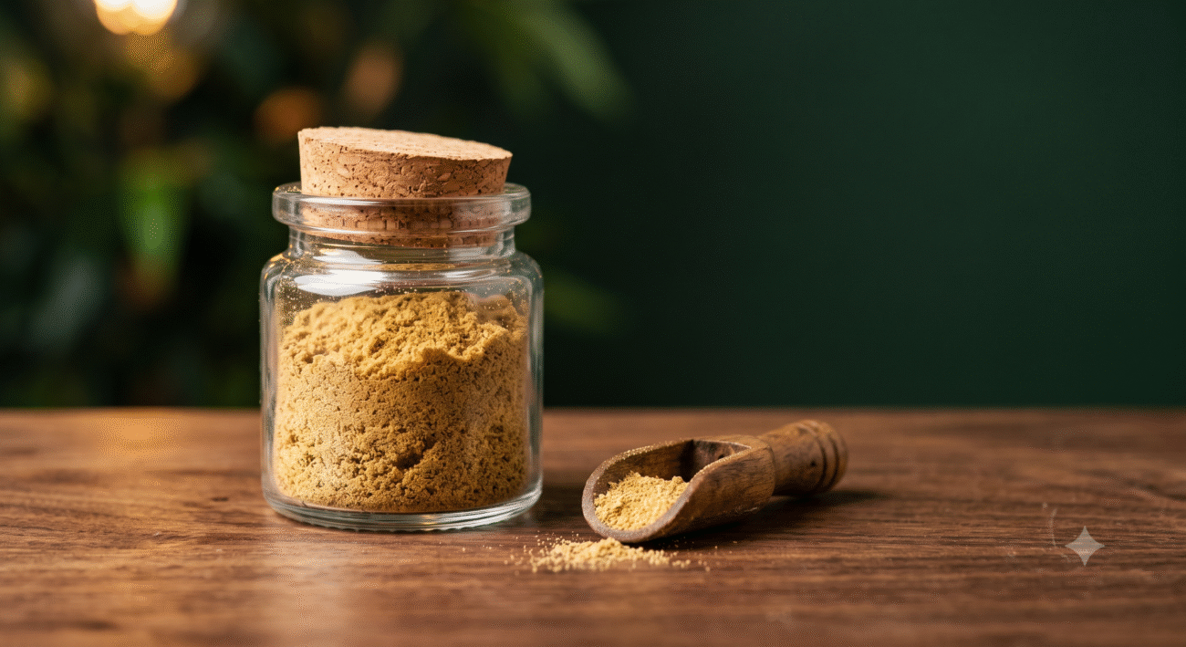 CBD kief UK, close-up of loose hemp trichome powder in a glass jar
