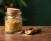 CBD kief UK, close-up of loose hemp trichome powder in a glass jar