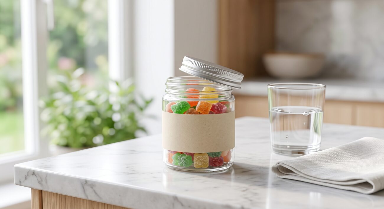 Jar of CBD gummies showing possible CBD gummies side effects context