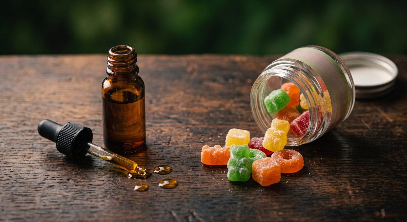 CBD gummies vs CBD oil side by side on a wooden table