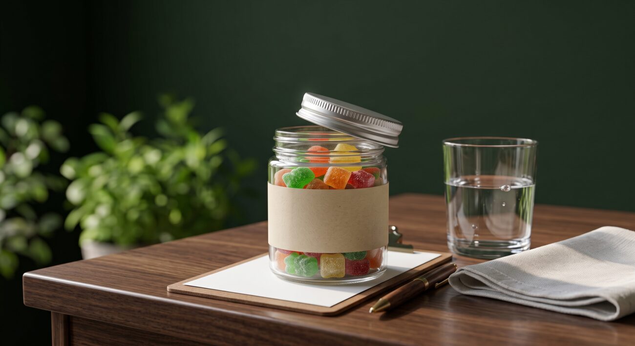 CBD gummies jar next to a checklist, illustrating the CBD gummies drug test question